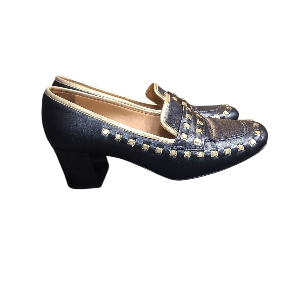Tory Burch Black Heeled Loafers with Gold Accents Size 6 - Picture 4 of 5
